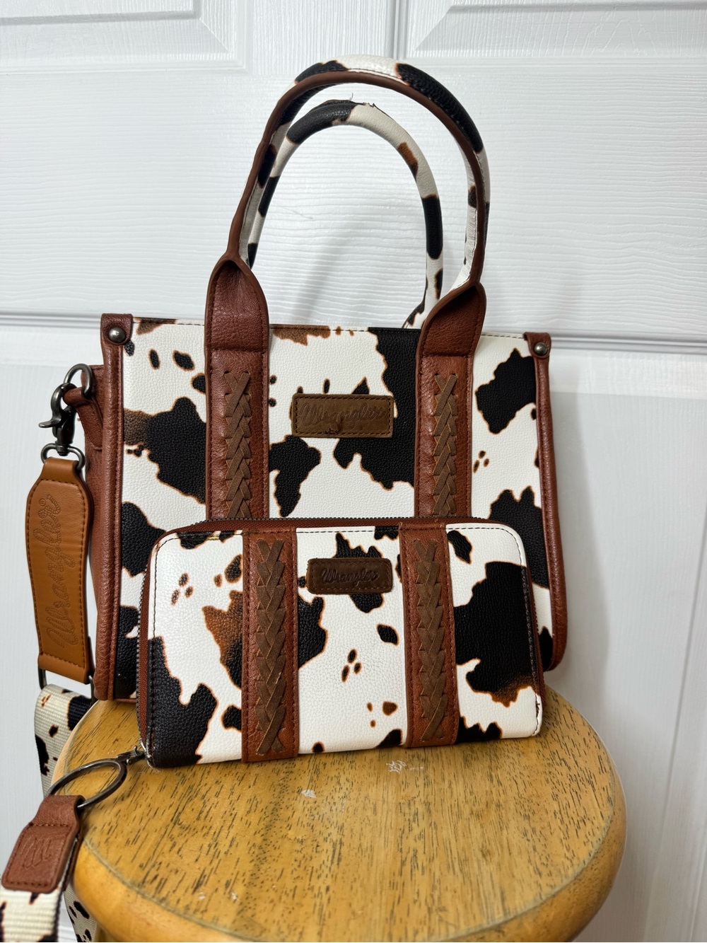 Wrangler Cowhide-Print Tote and Wallet in Brown & White
